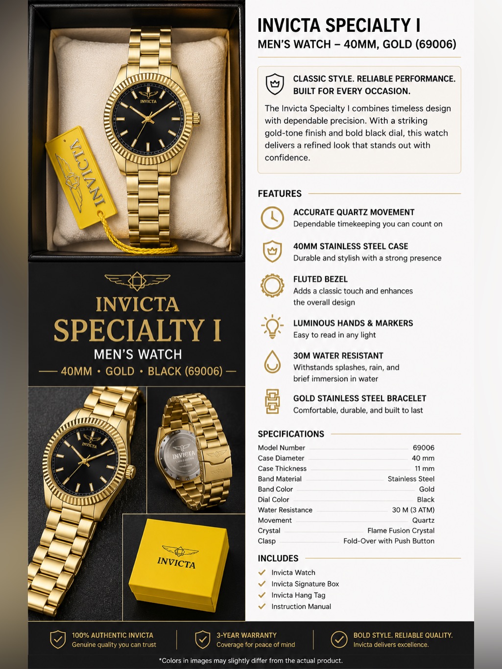 Invicta Specialty I 69006 Men’s 40mm Gold Watch Nwt — image 2 of 4